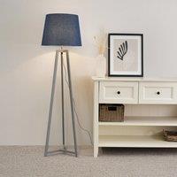 ValueLights Lottie Grey Wood Tripod Floor Lamp with Fabric Tapered Shade in Blue