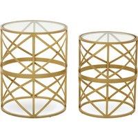 Orsina Set Of 2 Diamond Pattern Side Table, Round Bedside Table With Marble Top, Gold Metallic Nesting Table