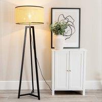 ValueLights Lottie Black Wood Tripod Floor Lamp with Natural Cane Drum Shade