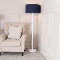 ValueLights Victoria White Wood Traditional Stem Floor Lamp with Fabric Drum Shade in Navy