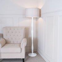 ValueLights Victoria White Wood Traditional Floor Lamp with Fabric Drum Shade & LED Bulb in Grey