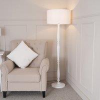 ValueLights Victoria White Wood Traditional Floor Lamp with Fabric Drum Shade & LED Bulb