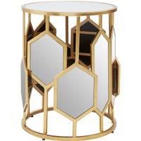 Orsina Luxe Side Table With Hexagonal Mirror, Modern Design Gold Finish Bedside Table, Round Table With Glass Top