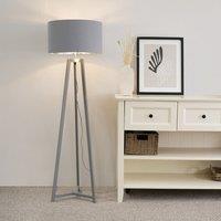 ValueLights Lottie Grey Wood Tripod Floor Lamp with Grey & Chrome Drum Shade