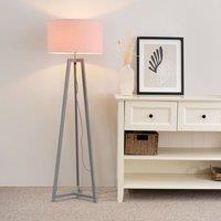 ValueLights Lottie Grey Wood Tripod Floor Lamp with Fabric Drum Shade & LED Bulb in Pink