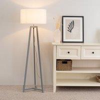 ValueLights Lottie Grey Wood Tripod Floor Lamp with Fabric Drum Shade & LED Bulb in White