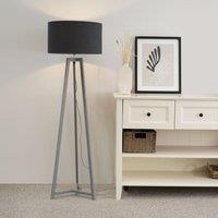 ValueLights Lottie Grey Wood Tripod Floor Lamp with Fabric Drum Shade & LED Bulb in Charcoal