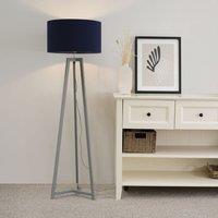 ValueLights Lottie Grey Wood Tripod Floor Lamp with Fabric Drum Shade & LED Bulb in Navy