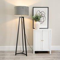 ValueLights Lottie Black Wood Tripod Floor Lamp with Velvet Drum Shade in Grey