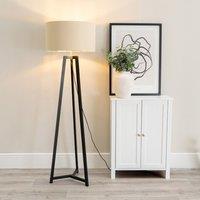 ValueLights Lottie Black Wood Tripod Floor Lamp with Beige & Gold Drum Shade & LED Bulb in Cream