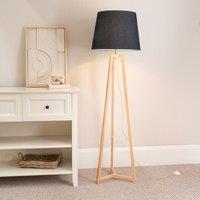 ValueLights Lottie Natural Wood Tripod Floor Lamp with Fabric Tapered Shade & LED Bulb in Black