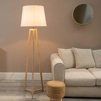ValueLights Lottie Natural Wood Tripod Floor Lamp with Fabric Tapered Shade & LED Bulb in White