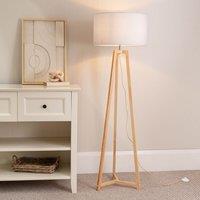 ValueLights Lottie Natural Wood Tripod Floor Lamp with Fabric Drum Shade in White