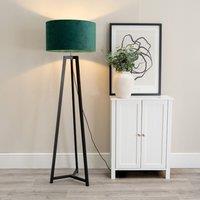 ValueLights Lottie Black Wood Tripod Floor Lamp with Velvet Drum Shade & LED Bulb in Green
