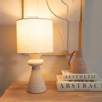 ValueLights Cady Pair of Stone Effect Natural Table Lamps with Drum Shades & LED Bulbs in Cream