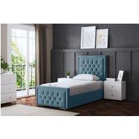 DS Living Allegra Upholstered Metallic Blue Ottoman Bed with Headboard | Size: Single