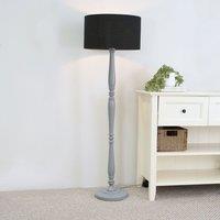 ValueLights Victoria Grey Wood Traditional Stem Floor Lamp with Fabric Drum Shade in Black