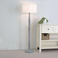 ValueLights Victoria Grey Wood Traditional Stem Floor Lamp with Fabric Drum Shade in White