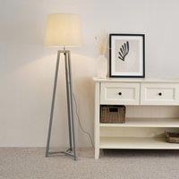 ValueLights Lottie Grey Wood Tripod Floor Lamp with Fabric Tapered Shade & LED Bulb in Cream