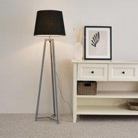 ValueLights Lottie Grey Wood Tripod Floor Lamp with Fabric Tapered Shade & LED Bulb in Black
