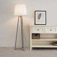 ValueLights Lottie Grey Wood Tripod Floor Lamp with Fabric Tapered Shade & LED Bulb in White