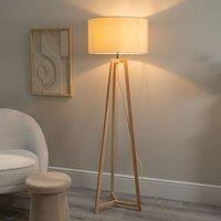ValueLights Lottie Natural Wood Tripod Floor Lamp with Fabric Drum Shade & LED Bulb