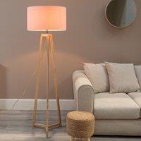 ValueLights Lottie Natural Wood Tripod Floor Lamp with Fabric Drum Shade & LED Bulb in Pink