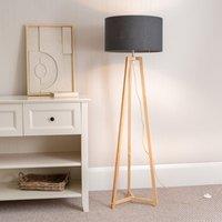 ValueLights Lottie Natural Wood Tripod Floor Lamp with Fabric Drum Shade & LED Bulb in Charcoal