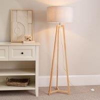 ValueLights Lottie Natural Wood Tripod Floor Lamp with Fabric Drum Shade & LED Bulb in Grey