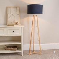 ValueLights Lottie Natural Wood Tripod Floor Lamp with Fabric Drum Shade & LED Bulb in Navy