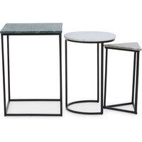 Orsina Set of 3 Marble Top Side Tables Set, Square, Circle, Triangle End Tables, Black Powder Coated Frame