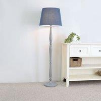 ValueLights Victoria Grey Wood Traditional Stem Floor Lamp with Fabric Tapered Shade in Blue