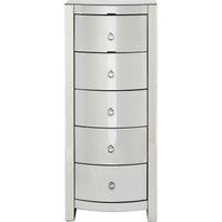 Orsina Bevelled Curved Tall Boy Drawers, Mirrored Glass Finish, Ample Storage 5 Drawer Tall Chest, Delivered Fully Assembled in Silver