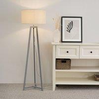 ValueLights Lottie Grey Wood Tripod Floor Lamp with Fabric Drum Shade in Natural