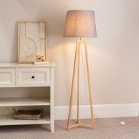 ValueLights Lottie Natural Wood Tripod Floor Lamp with Fabric Tapered Shade in Grey