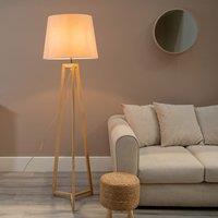 ValueLights Lottie Natural Wood Tripod Floor Lamp with Fabric Tapered Shade in Pink