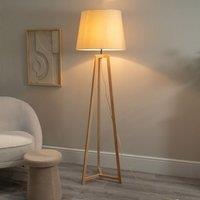 ValueLights Lottie Natural Wood Tripod Floor Lamp with Fabric Tapered Shade in Cream