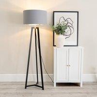 ValueLights Lottie Black Wood Tripod Floor Lamp with Grey & Chrome Drum Shade & LED Bulb