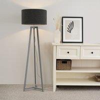 ValueLights Lottie Grey Wood Tripod Floor Lamp with Boucle Drum Shade & LED Bulb in Charcoal