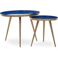 Orsina Blue Enamel Nest Of Two Tables, Luxe Modern Side Tables With Matt Gold Legs, Space-Saving Nesting Tables