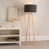 ValueLights Lottie Natural Wood Tripod Floor Lamp with Boucle Drum Shade & LED Bulb in Charcoal