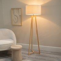 ValueLights Lottie Natural Wood Tripod Floor Lamp with Boucle Drum Shade & LED Bulb in Cream