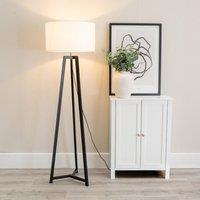 ValueLights Lottie Black Wood Tripod Floor Lamp with Fabric Drum Shade & LED Bulb in White