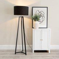ValueLights Lottie Black Wood Tripod Floor Lamp with Fabric Drum Shade & LED Bulb