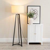 ValueLights Lottie Black Wood Tripod Floor Lamp with Fabric Drum Shade & LED Bulb in Natural