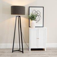 ValueLights Lottie Black Wood Tripod Floor Lamp with Boucle Drum Shade in Charcoal