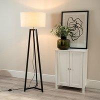 ValueLights Lottie Black Wood Tripod Floor Lamp with Boucle Drum Shade in Cream