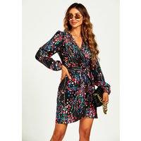 FS Collection Women's Abstract Floral Print Wrap Mini Dress In Black | Size: XS