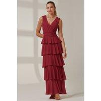 Jolie Moi Women's Plain Tiered Mesh Maxi Dress in Burgundy | Size: 12