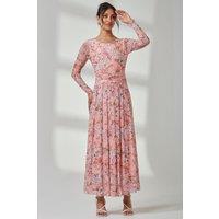 Jolie Moi Women's Floral Long Sleeve Mesh Maxi Dress in Coral | Size: 14